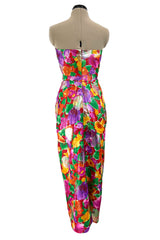 Prettiest 1980s Arnold Scaasi Strapless Metallic Finished Brilliant Floral Print Dress w Bow