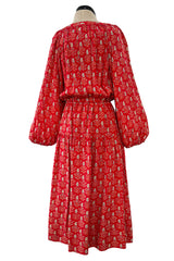 Prettiest 1970s Hanae Mori Red Print Light Silk Dress w Full Balloon Sleeves & Tiered Skirt