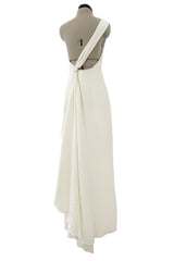 2010s Valentino Ivory Silk Crepe One Shoulder Dress w Draped Back & Rhinestone Buckle