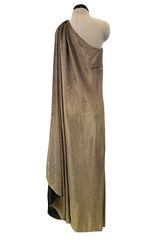 1978 Halston One Shoulder Draped Gold Metallic Jersey Dress