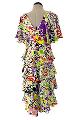 Prettiest 1970s Hollys Harp Bright Printed Silk Tiered V Front & Back Plunge Dress w Layered Tiers