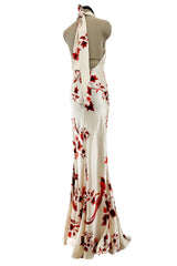 Spectacular Spring 2007 Roberto Cavalli Ivory & Coral Print Bias Cut Silk Dress w Twisted Halter Front & Low Back