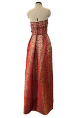 Stunning 1960s Paul Whitney Numbered Strapless Beaded Gold & Red Silk Brocade Dress