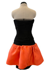Spring 1987 Yves Saint Laurent Runway Strapless Dotted Net Mini Dress w Coral Skirt