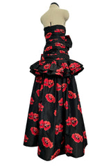 Specatacualr circa 1995 Nina Ricci Demi-Couture Strapless Floral Silk Taffeta Dress w Bow Detailing