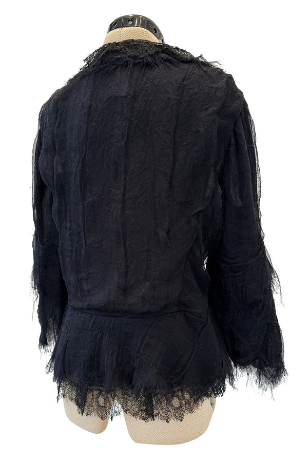 Pretty 2000s Christian Lacroix Bazar Black Silk Chiffon Top or Light Jacket w Lace Finishes