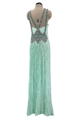 Incredible 1980s Mary McFadden Couture Pastel Teal Green Pleated Dress w Hand Beading