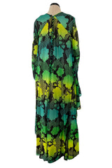 Magical 1970s Jean Varon Green Printed Dress w Elaborate Ruffled Sleeves