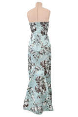Incredible Fall 2008 Oscar de la Renta Strapless Blue & Silver Grey Floral Silk Brocade Dress
