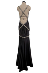 Outstanding Fall 2004 Alexander McQueen Bias Cut Black Silk Dress w Bare Back & Silver Thread Ribbon Detailing