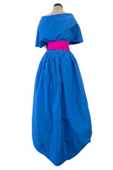 Prettiest 1980s Adele Simpson Blue Silk Plunge Wrap Dress w Brilliant Pink Sash & Caped Shoulders