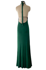 Sexiest 1974 Halston Couture Deep Green Silk Jersey Backless Dress w Front Plunge & Long Ties