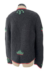 Prettiest 1980s Wolkenstricker Charcoal Colour Hand Knit Cardigan Sweater w Floral Details