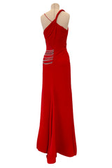 Fabulous 2000s Versace by Donatella Red Crepe Dress w Rhinestone & Silver Chain Detailing