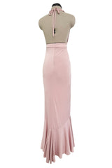 Prettiest 2000s Gianni Versace Pale Dusty Pink Plunge Stretch Jersey Halter Dress w Open Back