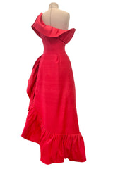 Prettiest 1970s Loris Azzaro Red Silk Gazaar One Shoulder Dress w Ruffled Detailing & Side Bow