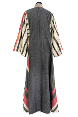 Fabulous 1960s Josefa Hand Muted Charcoal & Coral Cotton Caftan w Hand Embroidered Details