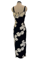 Bombshell Late 1940s Early 1950s Deep Blue Silk Wiggle Dress w Hand Cut Sequin Floral Applique