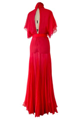 1970s Giorgio Sant'Angelo Red Silk ChiffonDress w Pink Silk Chiffon Lining & Prettiest Gusset Skirt