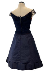 Elegant 1950s Jobere New York Deep Blue Silk & Silk Chiffon Dress w Lace Detailing