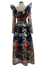 Prettiest 1960s Oscar de la Renta Metallic Thread Detailed Silk Organza Printed Off Shoulder Dress
