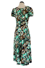 Prettiest 2019/2020 Prada 40s Inspired Lightweight Silk Dress w Green Floral Print & Ruffled Details