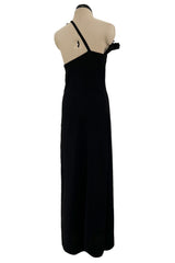 Fabulous 1980s Bill Blass One Shoulder Black Crepe Dress w High Taffeta Ruffle Detail
