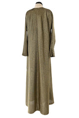 Chic 1970s Halston Deep Metallic Gold Lame Lurex Full Length Caftan Dress w Notched Neckline
