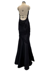 Outstanding 2000s Richard Tyler Black Silk Dress w Gathered Inserts & Scooped Open Back