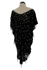 Rare 1980s Jan Faulkner Hand Made Black Suede Cut Out Mini Dress w Pearls & Fringe