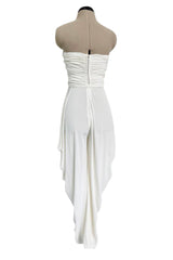 1970s Loris Azzaro White Stretch Jersey Strapless Jumpsuit w Gathered Bodice & Draped Pants