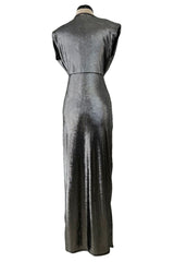 Fantastic 1990s Gianni Versace Metallic Silver Stretch Jersey Dress w Front Plunge & Long Tie