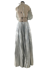 Exceptional 1970s Roland Klein Metallic Silver Lame Pleated Fan Dress w Completely Open Bare Back