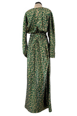 Incredible Fall 1979 Halston Runway Feather Light Green & Metallic Gold Lurex Dress w Original Belt