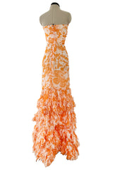 Exceptional Spring 2004 Oscar de la Renta Runway Printed Silk Chiffon Dress w Ruffle Skirt