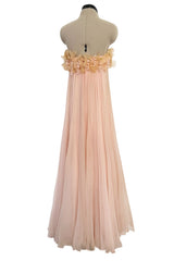 Prettiest 1960s Unlabeled Pale Pink Strapless Dress w Silk Chiffon & Flower Detailed Bodice