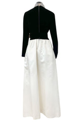 Early 1960s Harvey Berin Black Velvet & Ivory Silk Skirted Dress w Sparkling Beaded Detailing
