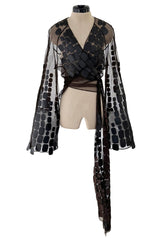 Amazing Spring 2001 Thierry Mugler Couture Runway Brown  Silk Net Wrap Top w Leather Detailing