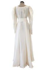 Amazing 1970s Yves Saint Laurent Silk Ivory Full Tent Dress w Belt, Ruffled Edges & Full Sleeves