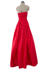 Late 1970s Unlabeled Strapless Red Silk Dress w Gathered Bodice & Full Skirt