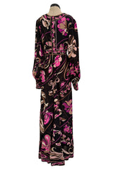 Dreamiest 1970s Emilio Pucci Black Silk Jersey Dress w V Front & Pink Flower Print