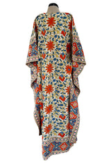 Prettiest 1960s Hand Block Printed Coral Blue & Ivory 100% Cotton Full Caftan w Front Belt
