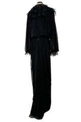 Beautiful 1970s James Galanos Couture Black Silk Chiffon Bias Cut Dress w Removeable Ruffled Collar