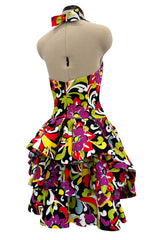 Gorgeous Resort 1993 Christian Lacroix Crisp Cotton Floral Print Halter Dress w Pouf Back Skirt