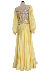 Incredible 1960s Tiziani Couture by Karl Lagerfeld Yellow Silk Chiffon Dress w Elaborate Beading