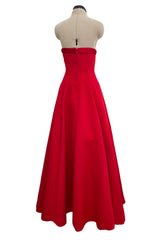 Prettiest 1980s Victor Costa Clear Red Strapless Dress w Full Skirt & Underskirts & Large Rhinestone Dome Buttons