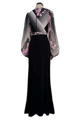 Prettiest 1970s Leonard Paris Printed Silk & Black Jersey Dress w Plunge Front & Silk Chiffon Sleeves
