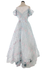Dreamy Luisa Beccaria Pale Turquoise Net Off Shoulder Dress w Pink & Gold Embroidery