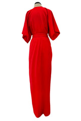 Fabulous 1970s Halston Wrap Plunge Red Full Length Dress w Wide Sleeves & Original Sash