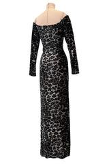 Iconic Fall 1989 Patrick Kelly Off Shoulder Silver Leopard Print Dress in a Soft Stretch Velour